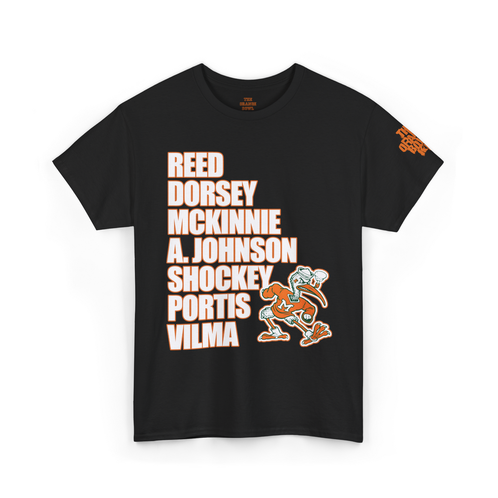 The Greatest Team: 2001 Miami Hurricanes Legacy Tribute Tee.

This unisex black tee, from The Orange Bowl Kid, is all about the legendary 2001 Miami Hurricanes. The front pays homage to the team's best players, bringing back the magic of that awesome season.