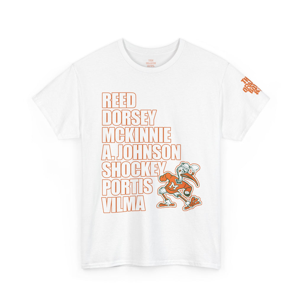 The Greatest Team: 2001 Miami Hurricanes Legacy Tribute Tee.

This shirt honors the legendary 2001 Miami Hurricanes, featuring a design that celebrates the team's iconic status. The front of the white shirt, crafted by The Orange Bowl Kid, prominently displays the names of the team's top players, making it a must-have for any true fan.