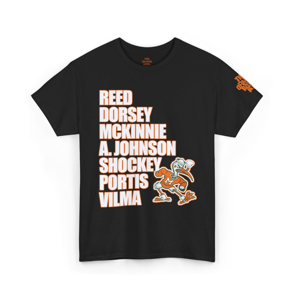The Greatest Team, 2001 Miami Hurricanes Legacy Tribute Tee.

This unisex tee pays homage to the legendary 2001 Miami Hurricanes, a team etched in college football history. Designed by The Orange Bowl Kid, this shirt features a bold, retro design that celebrates the grit and glory of that unforgettable season. The front showcases a roll call roster, highlighting some of the top players:

*   Reed
*   Dorsey
*   Shockey

Available in black.