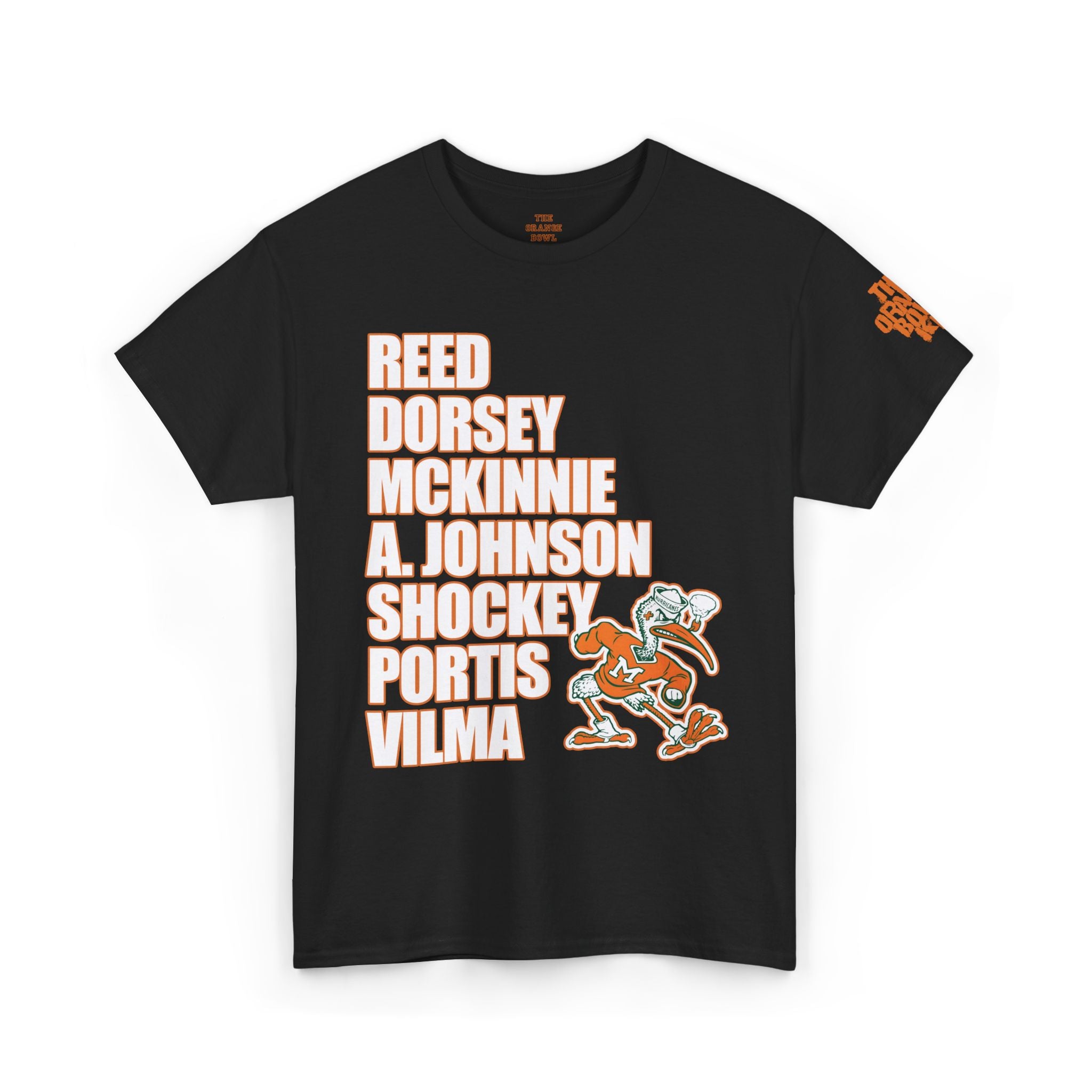 The Greatest Team, 2001 Miami Hurricanes Legacy Tribute Tee.

This unisex tee pays homage to the legendary 2001 Miami Hurricanes, a team etched in college football history. Designed by The Orange Bowl Kid, this shirt features a bold, retro design that celebrates the grit and glory of that unforgettable season. The front showcases a roll call roster, highlighting some of the top players:

*   Reed
*   Dorsey
*   Shockey

Available in black.