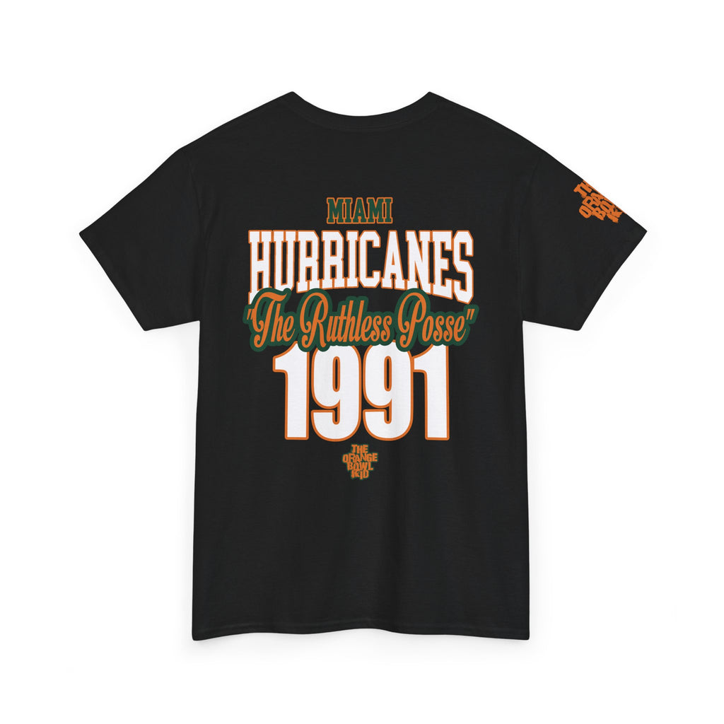 Get ready to channel the spirit of champions with this Ruthless Posse tee, proudly representing the legendary 1991 Miami Hurricanes NCAA Champions! This exclusive design, brought to you by The Orange Bowl Kid, is a must-have for any true fan. The bold statement is prominently displayed on the back, featuring a striking black design that captures the essence of that unforgettable season.
