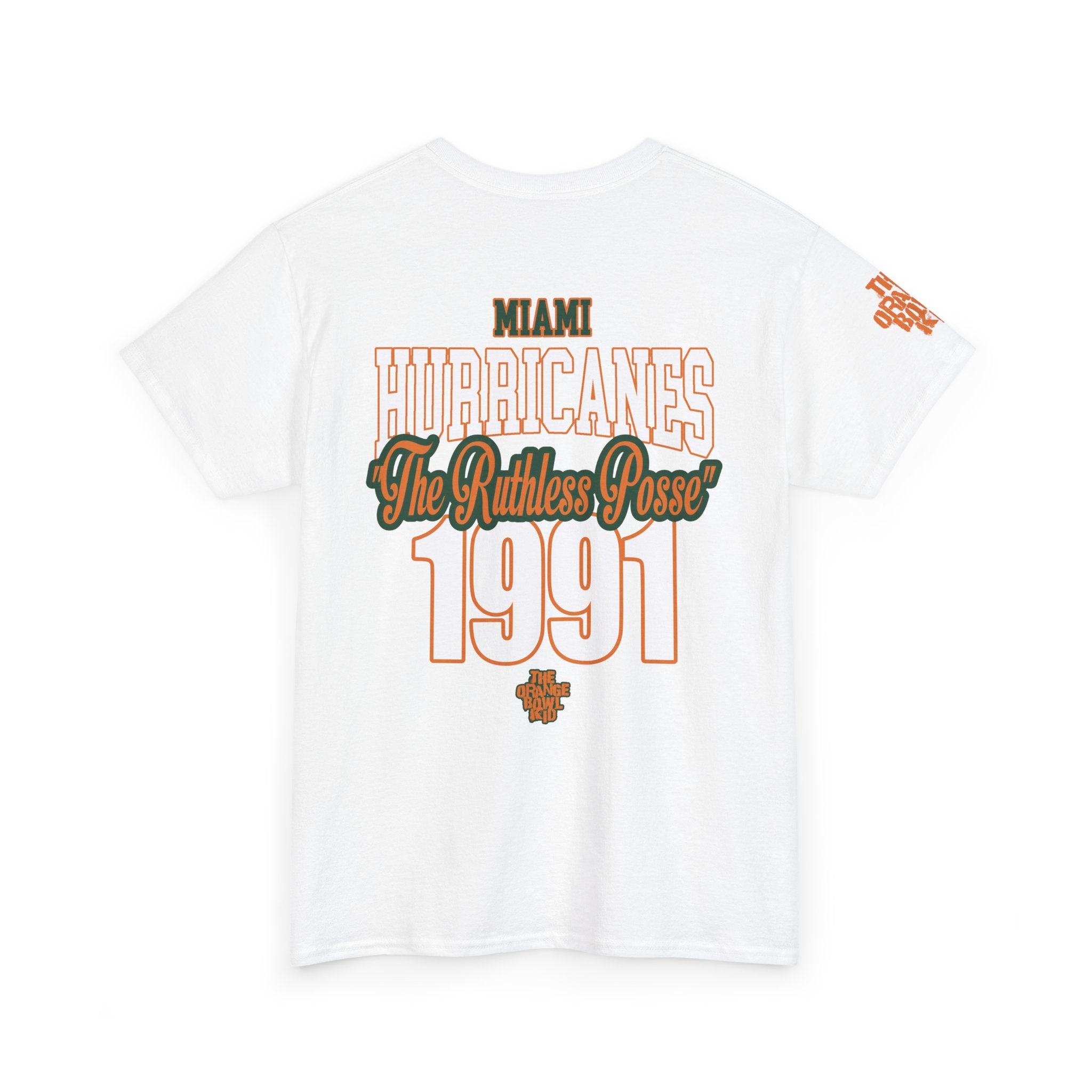 Get ready to channel the spirit of champions with this Ruthless Posse tee, proudly representing the legendary 1991 Miami Hurricanes NCAA Champions! This exclusive design, brought to you by The Orange Bowl Kid, is a must-have for any true fan. The bold statement is prominently displayed on the back, featuring a striking whitw design that captures the essence of that unforgettable season.