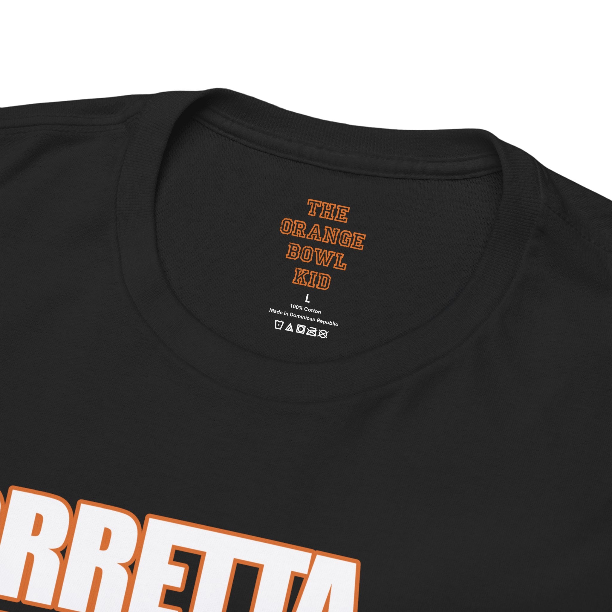 Miami Hurricanes Legends "Era of Dominance" Tribute Tee. Ruthless Posse 1991 Champs by The Orange Bowl Kid. Collar front side view.