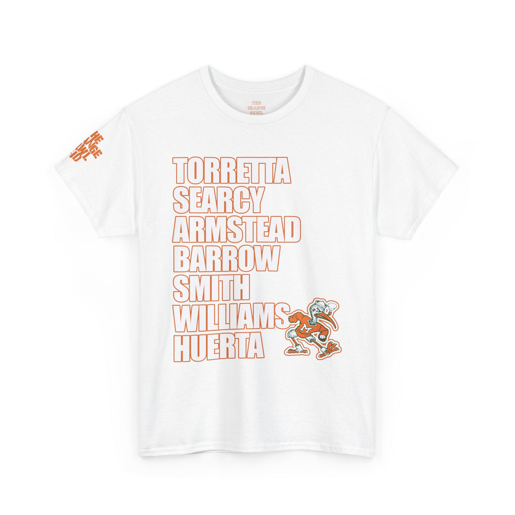 The Ruthless Posse Roster celebrates the swagger and legacy of "The U" with this premium tribute tee. This design honors the heavy hitters who defined a generation of greatness, featuring the iconic names that made the Orange Bowl the toughest place to play, including Torretta, Searcy, Armstead, Barrow, Smith, Williams, and Huerta in classic varsity typography. White front design