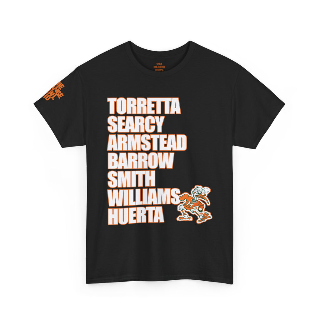 The Ruthless Posse by The Orange Bowl Kid Roster celebrates the swagger and legacy of "The U" with this premium tribute tee. This design honors the heavy hitters who defined a generation of greatness, featuring the iconic names that made the Orange Bowl the toughest place to play, including Torretta, Searcy, Armstead, Barrow, Smith, Williams, and Huerta in classic varsity typography. Color Black view of front