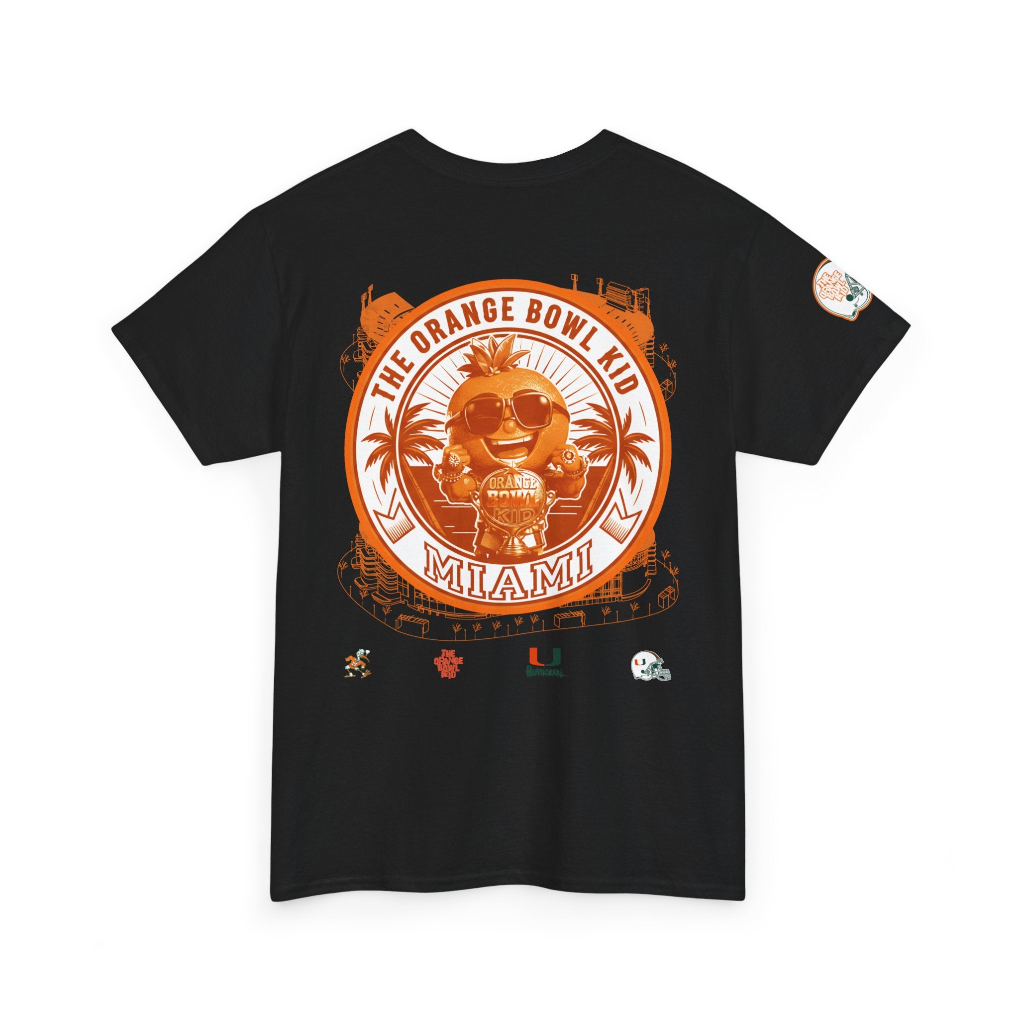 Black t-shirt with orange graphic design on a white background
