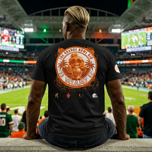 the orange bowl kid M tee backside repping the Miami hurricanes and its legacy