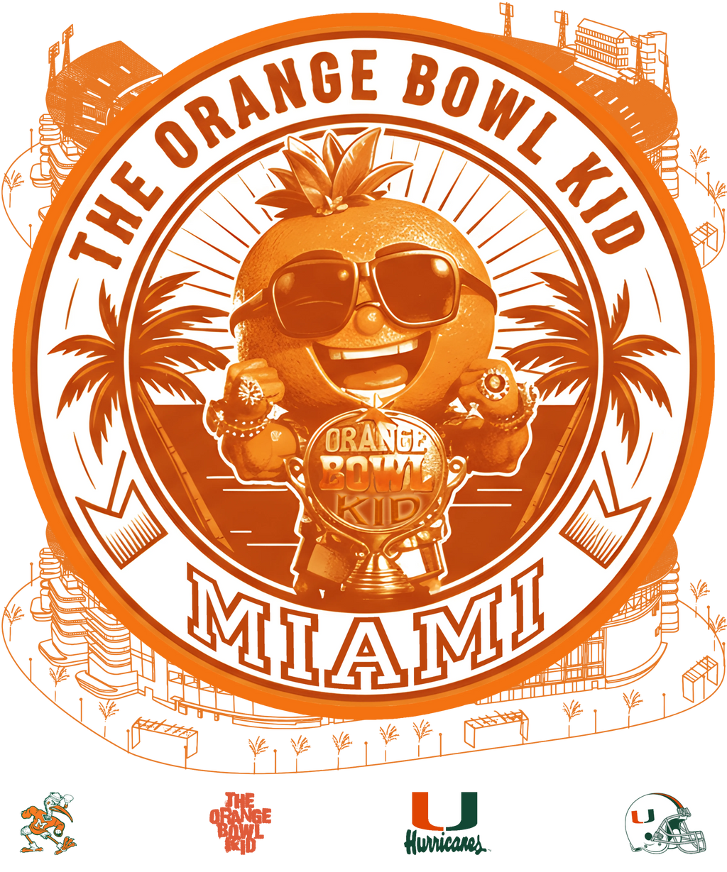Logo of 'The Orange Bowl Kid' with a character holding a trophy, surrounded by palm trees and text on an orange background. 