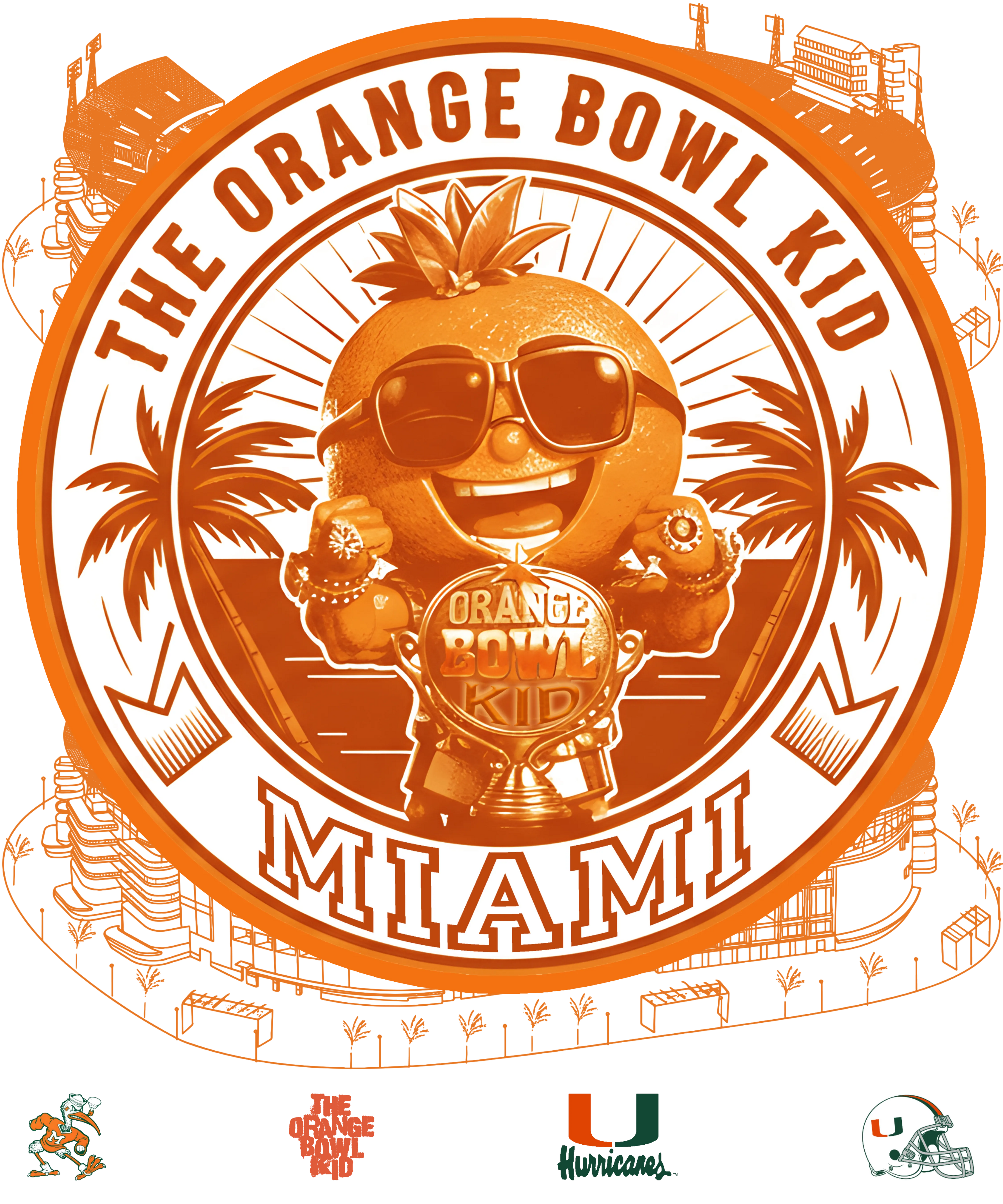Logo of 'The Orange Bowl Kid' with a character holding a trophy, surrounded by palm trees and text on an orange background. 