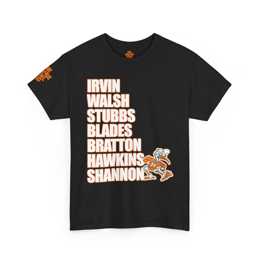 1987 UM Football, Creators of Swagger, Miami Sports Apparel, Vintage Streetwear, Retro Championship Shirt, Orange Bowl Kid, Urban Aesthetic, Collegiate Graphics, OBK. Irvin, Walsh, Stubbs, Blades.