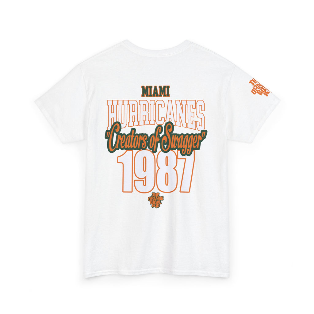 White t-shirt with 'Miami Hurricanes Creators of Swagger 1987' text on a white background