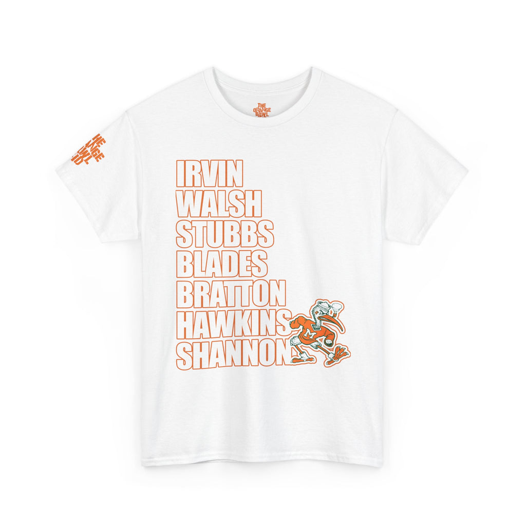 1987 UM Football, Creators of Swagger, Miami Sports Apparel, Vintage Streetwear, Retro Championship Shirt, Orange Bowl Kid, Urban Aesthetic, Collegiate Graphics, OBK. Irvin, Walsh, Stubbs, Blades, Shannon.