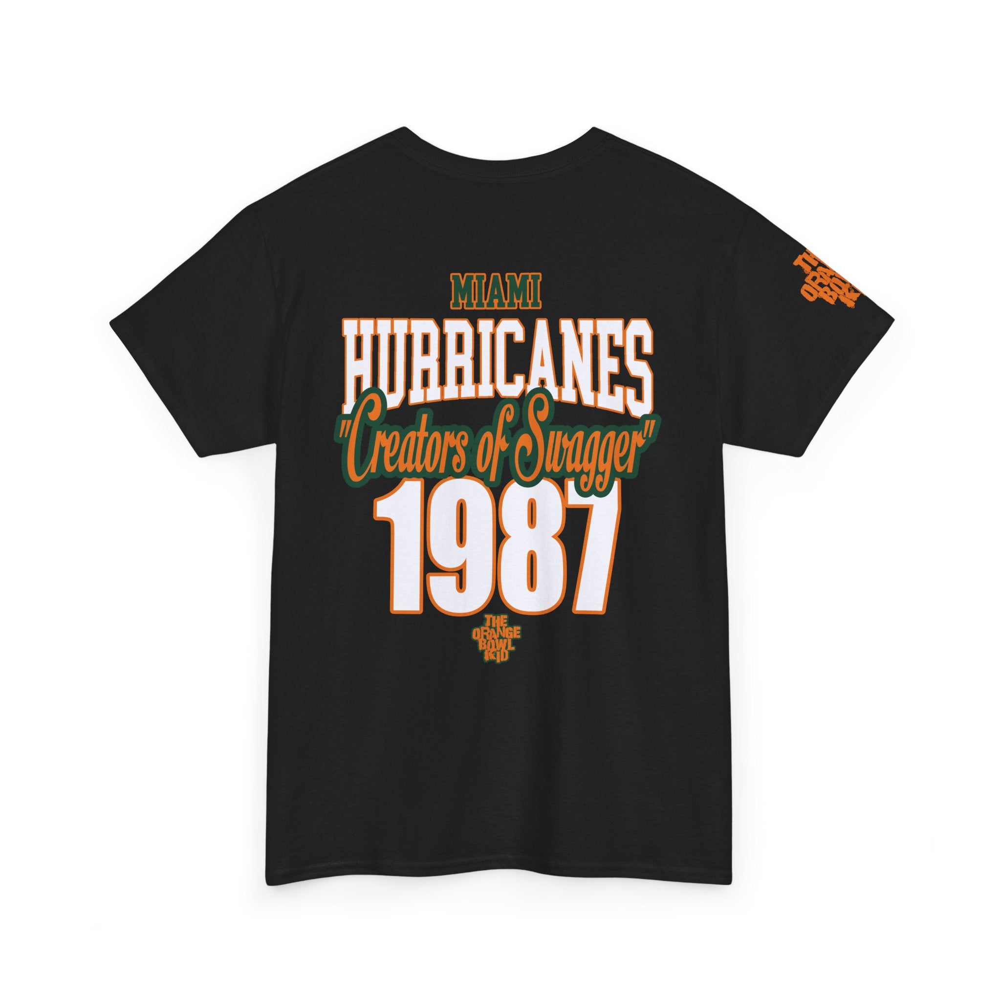 Black t-shirt with 'Miami Hurricanes Creators of Swagger 1987' text on a white background