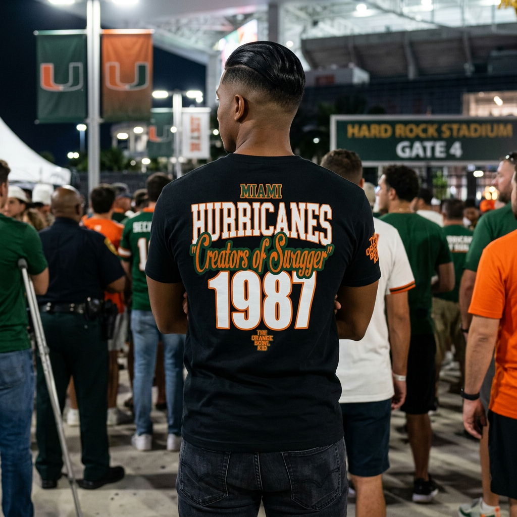 1987 UM Football, Creators of Swagger, Miami Sports Apparel, Vintage Streetwear, Retro Championship Shirt, Orange Bowl Kid, Urban Aesthetic, Collegiate Graphics, OBK. 