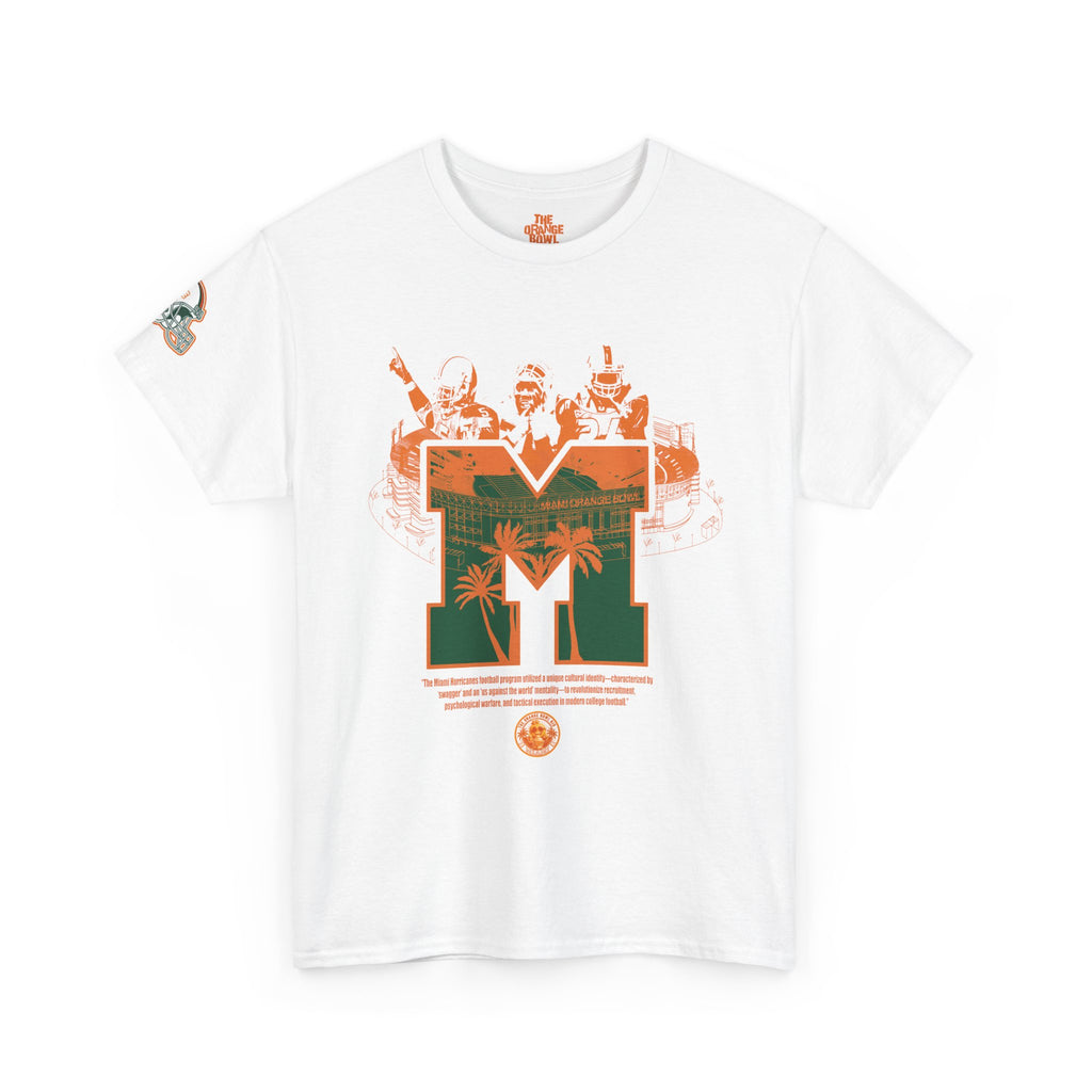 White t-shirt with orange and green graphic design on a white background