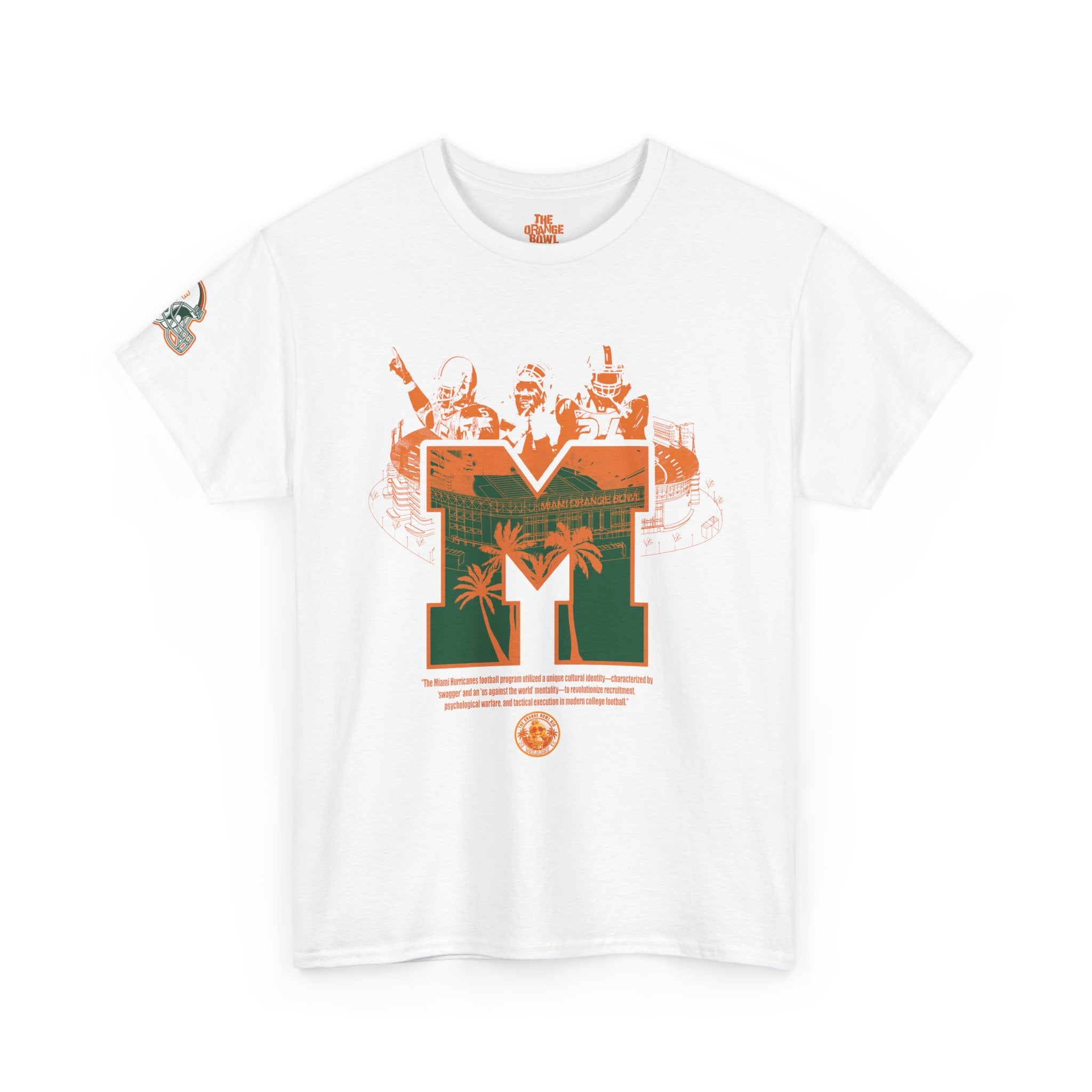 White t-shirt with orange and green graphic design on a white background