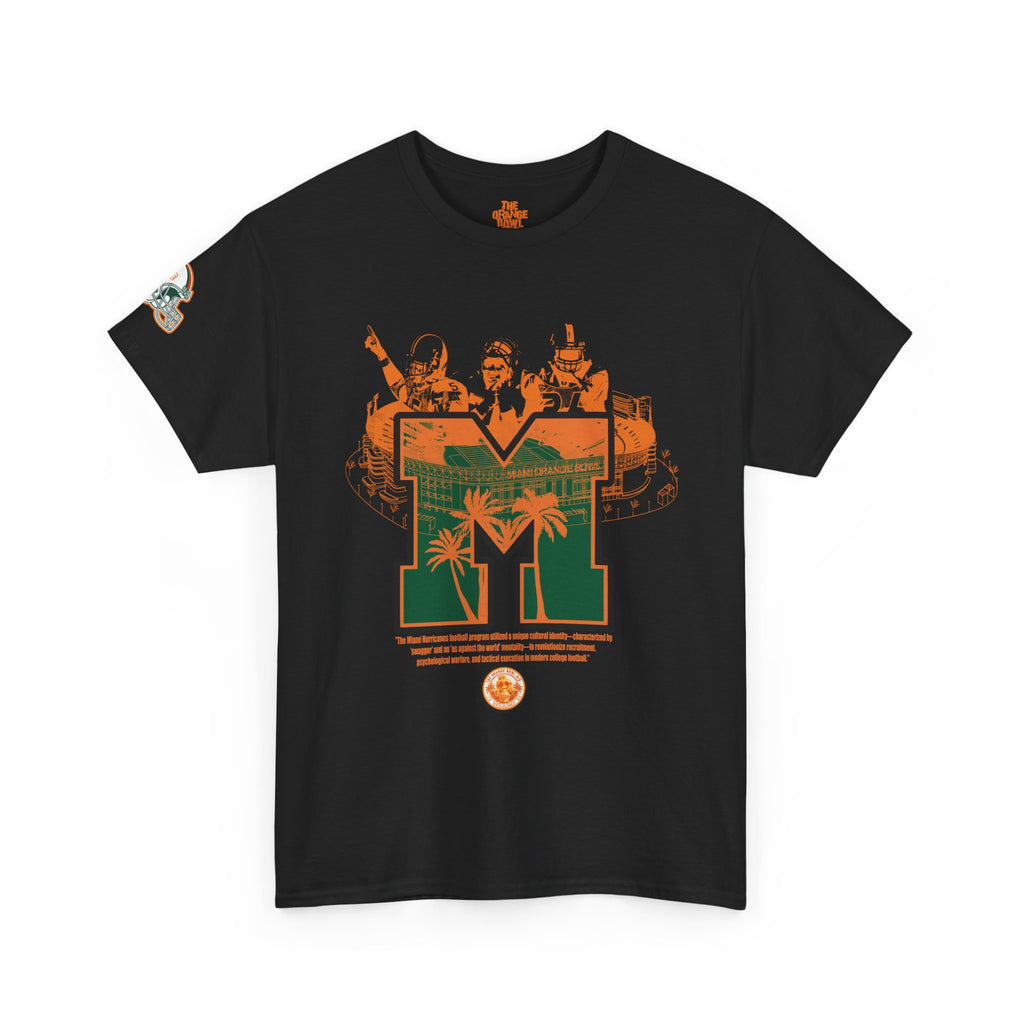 Black t-shirt with a graphic design of three characters and a large letter 'M' on a white background.