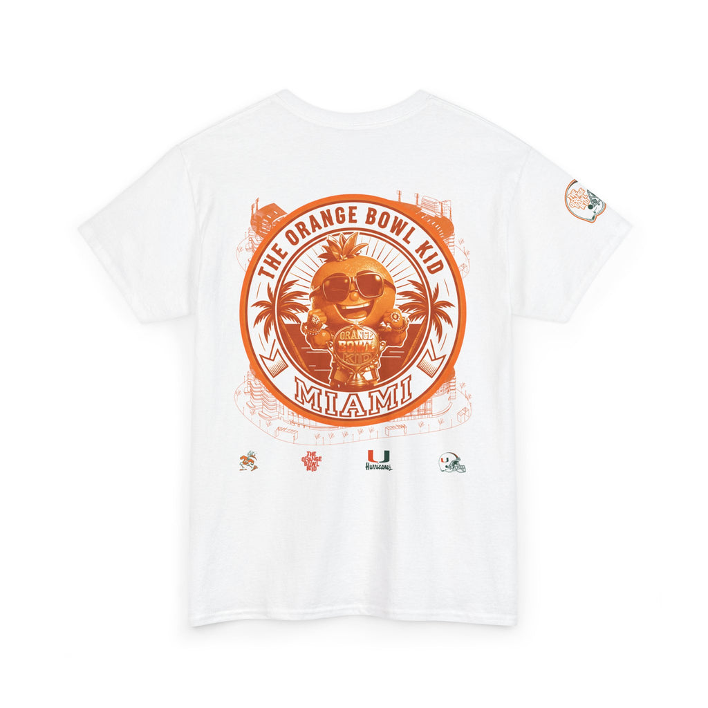 the orange bowl kid White t-shirt with orange graphic design on a white background