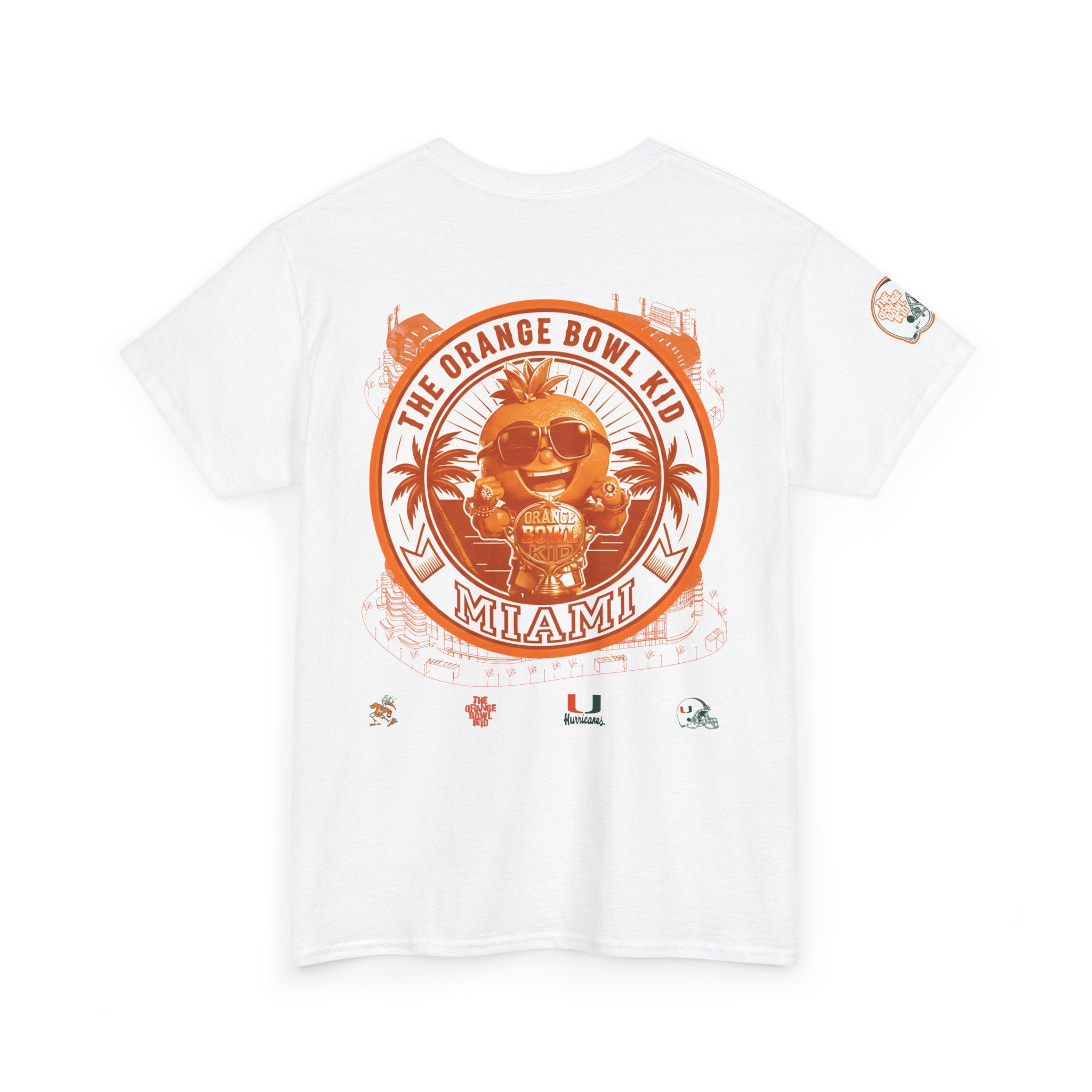 the orange bowl kid White t-shirt with orange graphic design on a white background